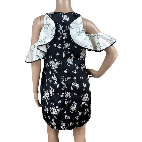 AMUR Jennifer Women Black White Floral Cold Shoulder Ruffle Sleeves Mini Dress 4 - Picture 8 of 9